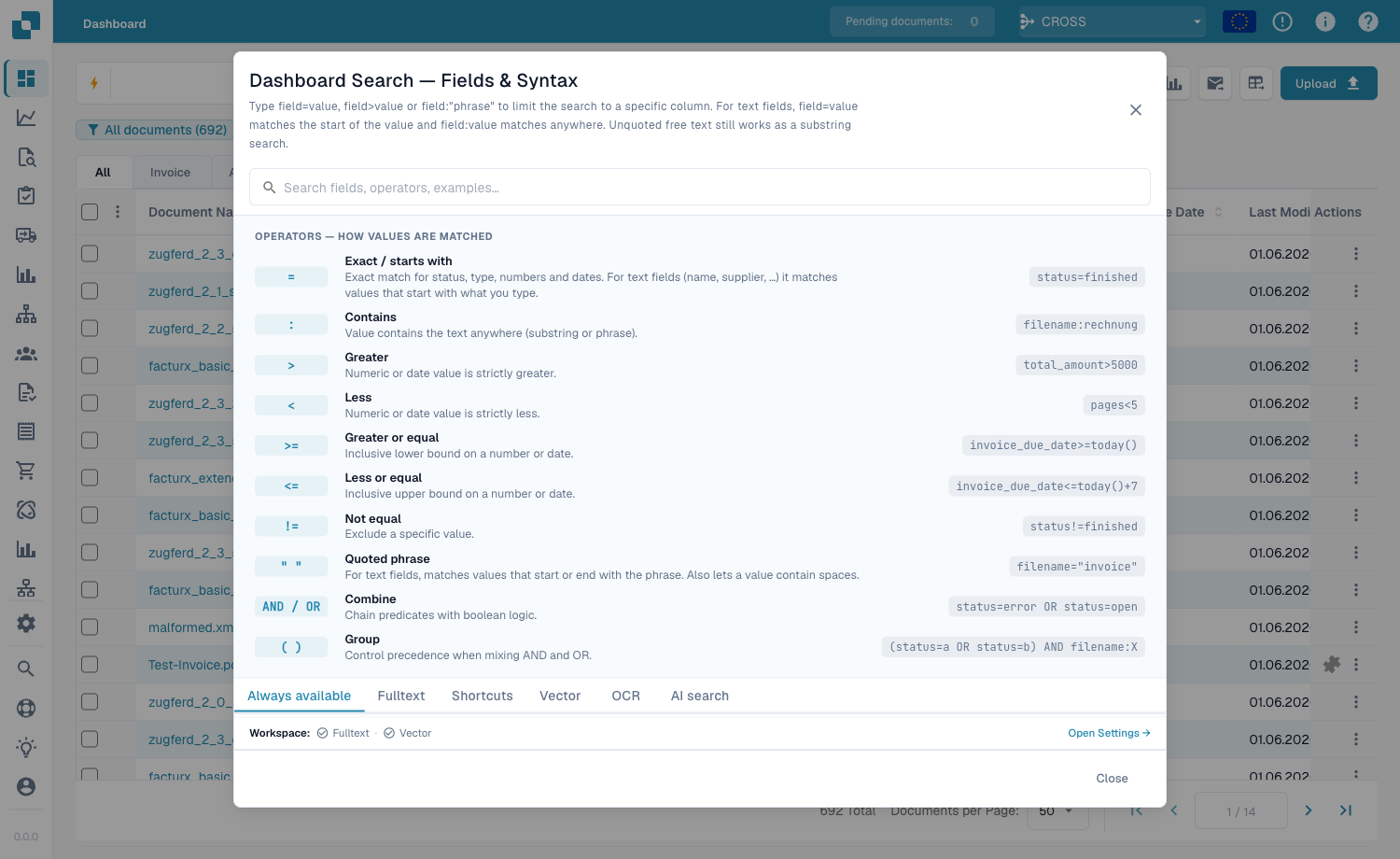 The in-app Dashboard Search help with all operators