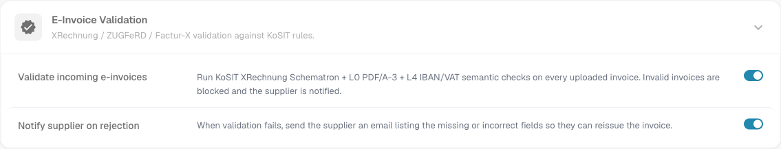 The E-Invoice Validation toggles on the Invoice document type