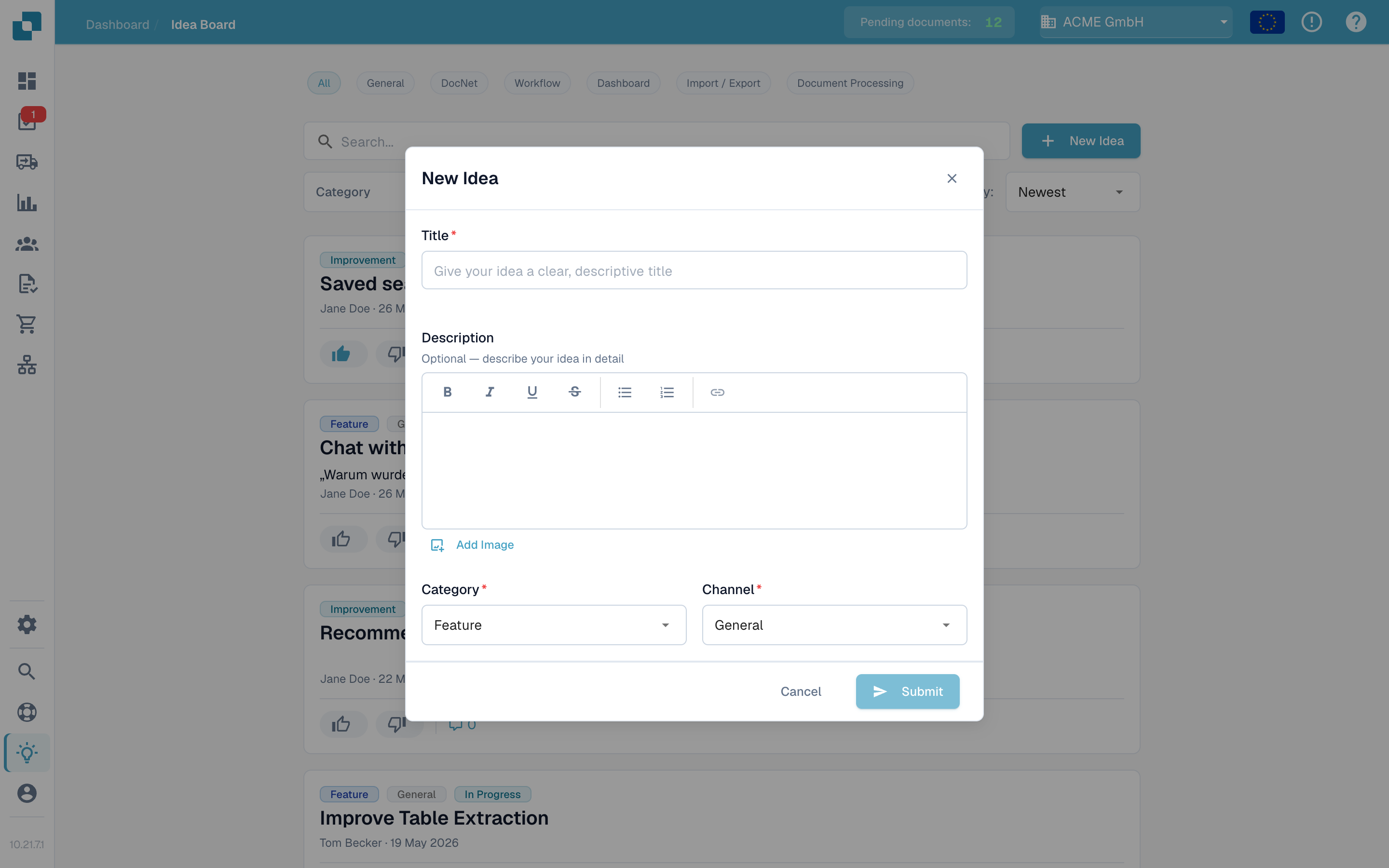 New idea dialog