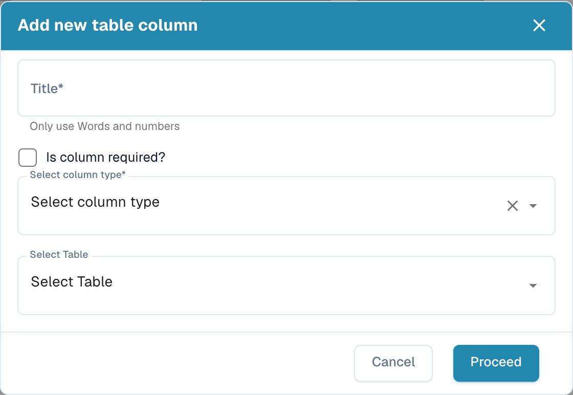 Add new table column dialog with Title, Is column required, Select column type and Select Table
