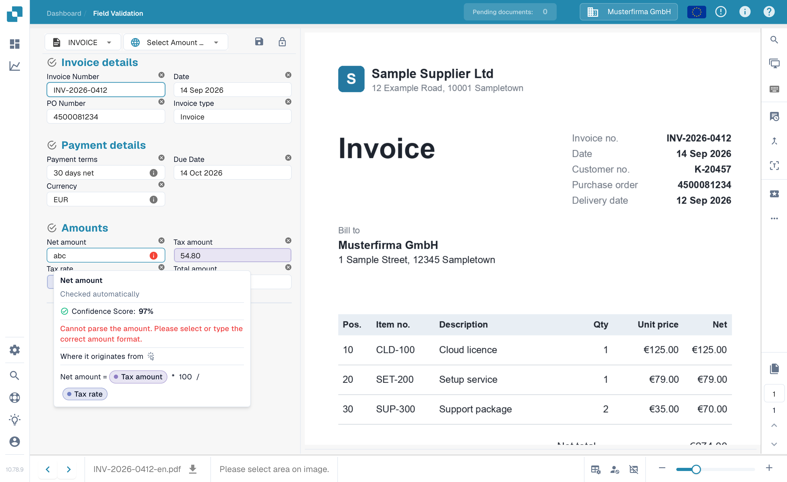 English DocBits validation screen with a red warning on the invoice number and the matching number visible on a synthetic invoice