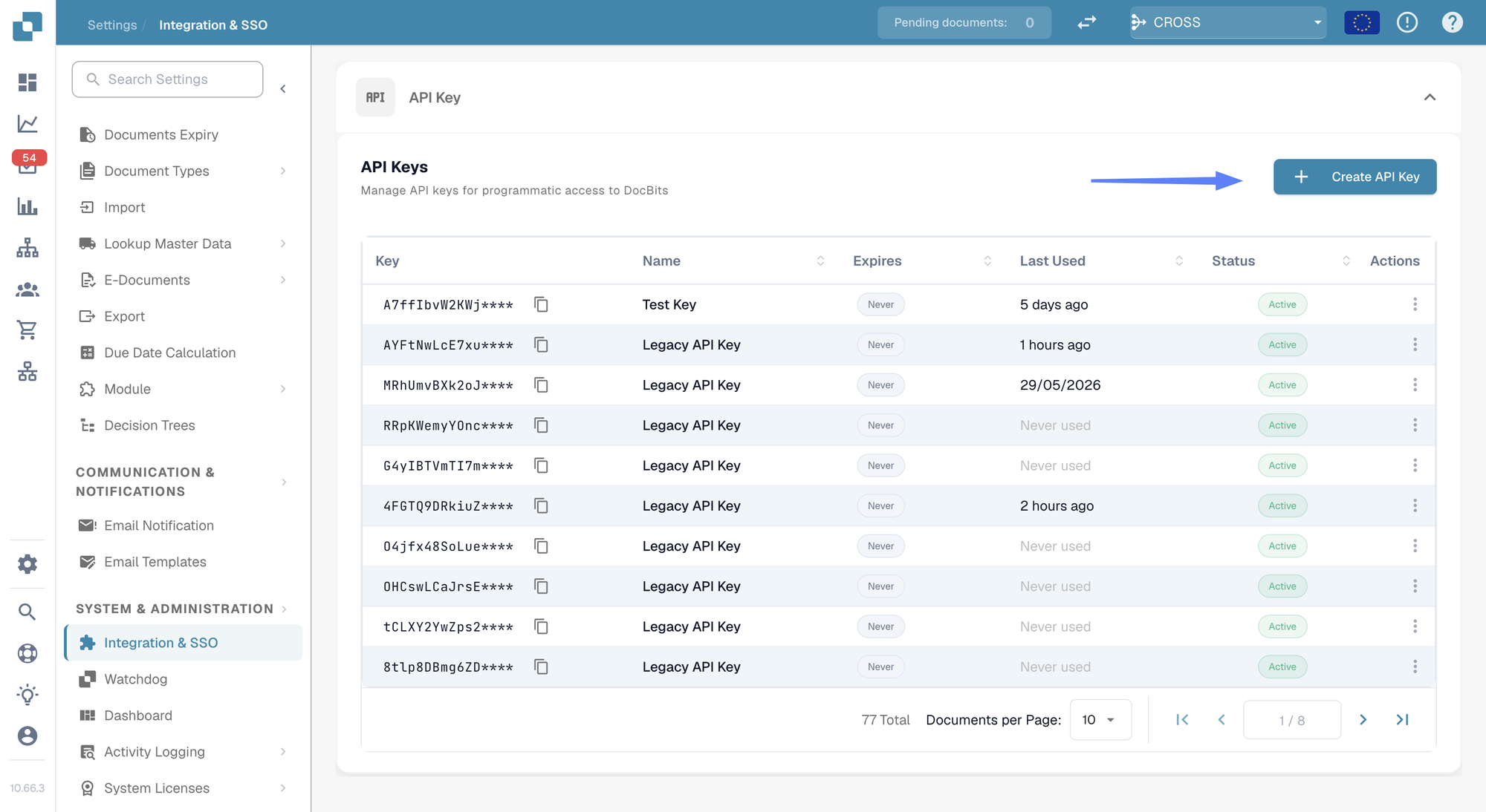 The API Keys list with the Create API Key button highlighted