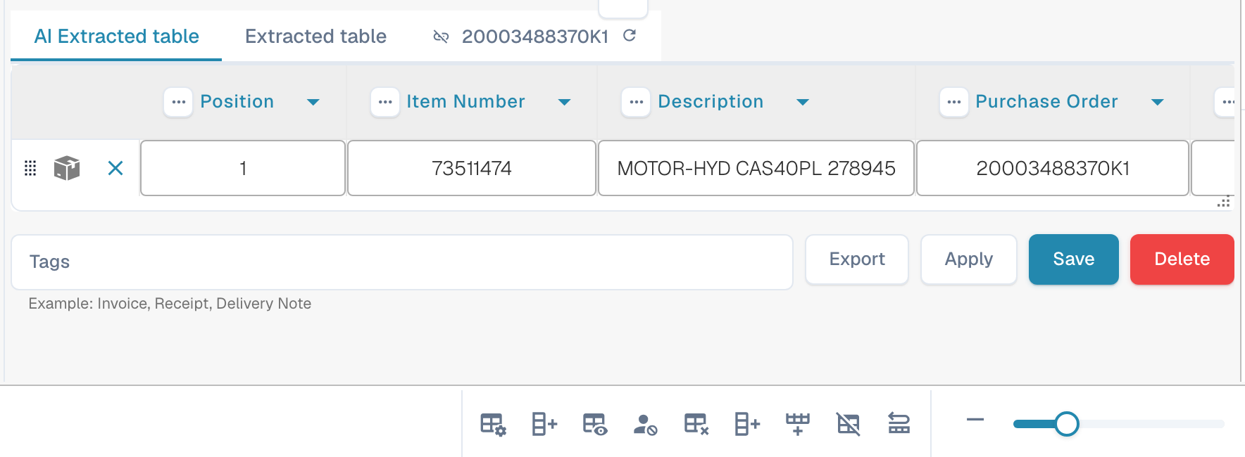 Line-item table on the validation screen with the table toolbar