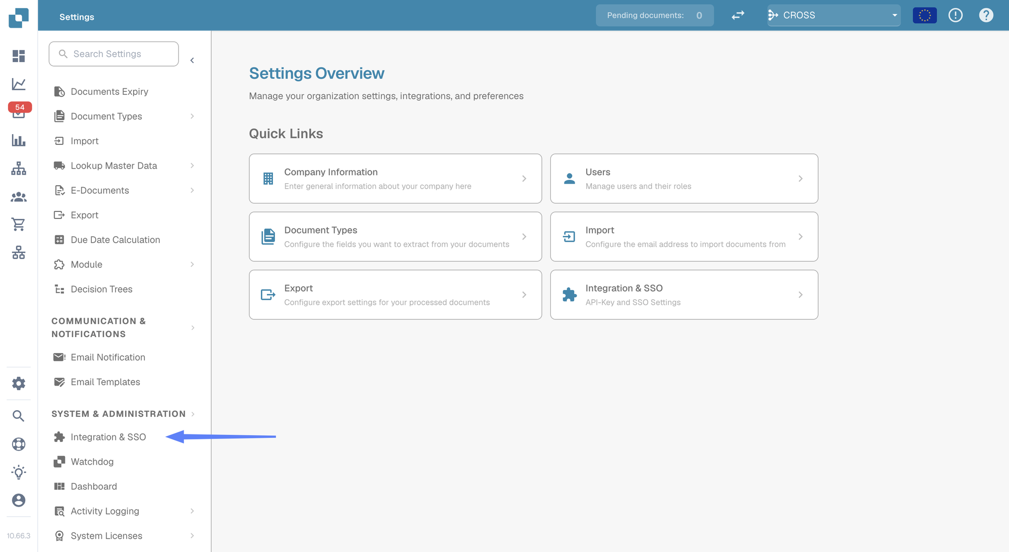 Settings overview with Integration & SSO highlighted in the left menu