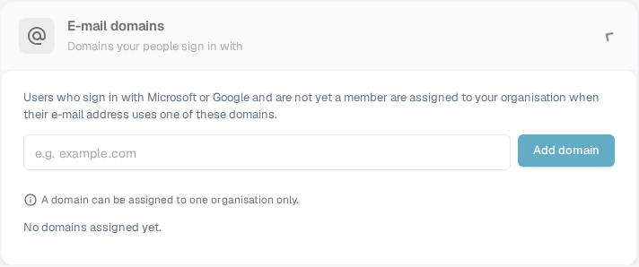 Expanded E-mail domains section with an empty domain list, input field and Add domain button