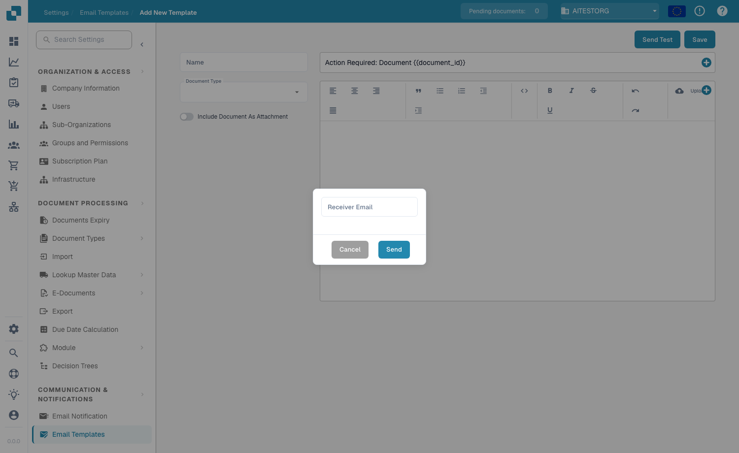 Send Test dialog