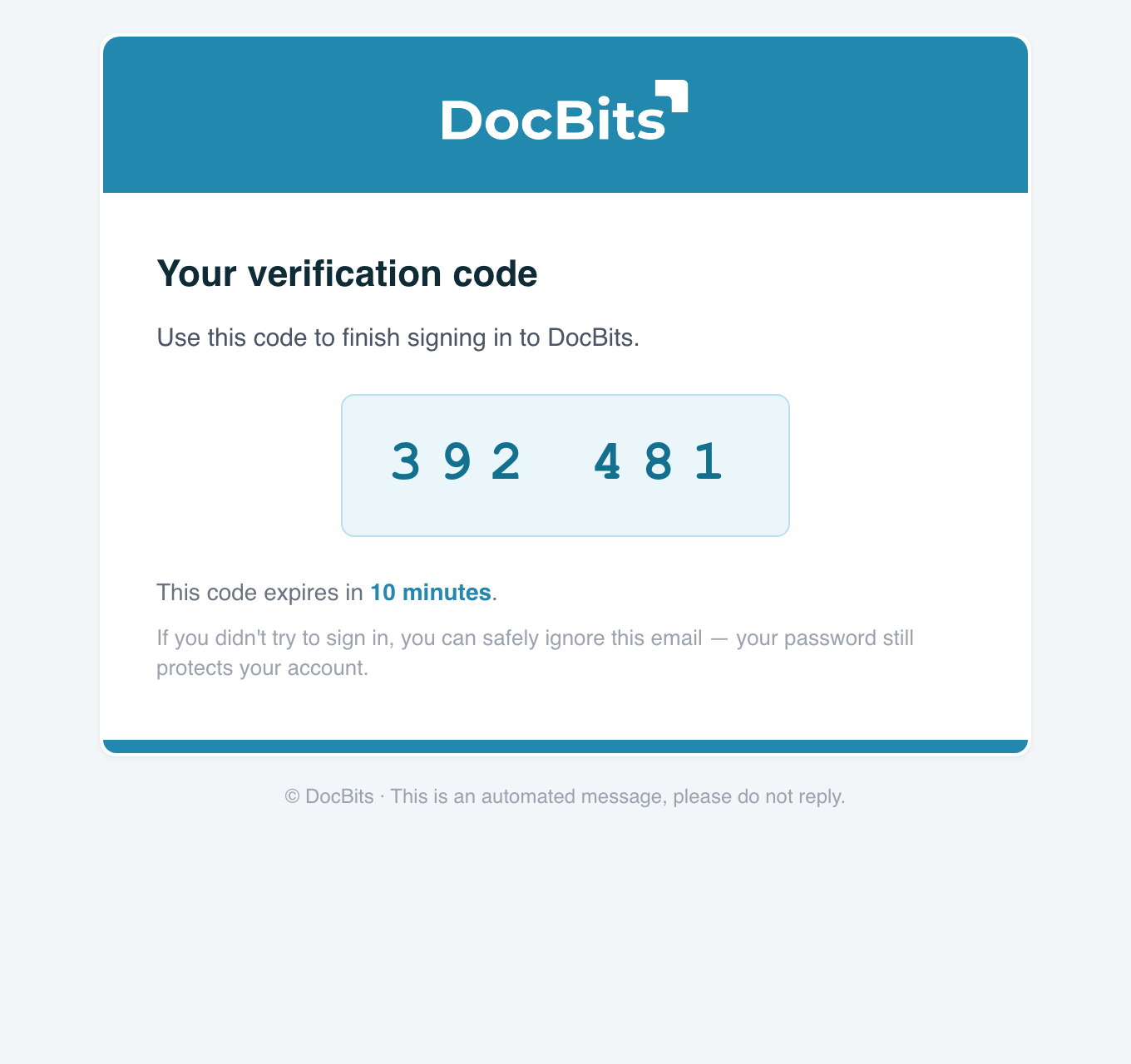 The DocBits verification-code email