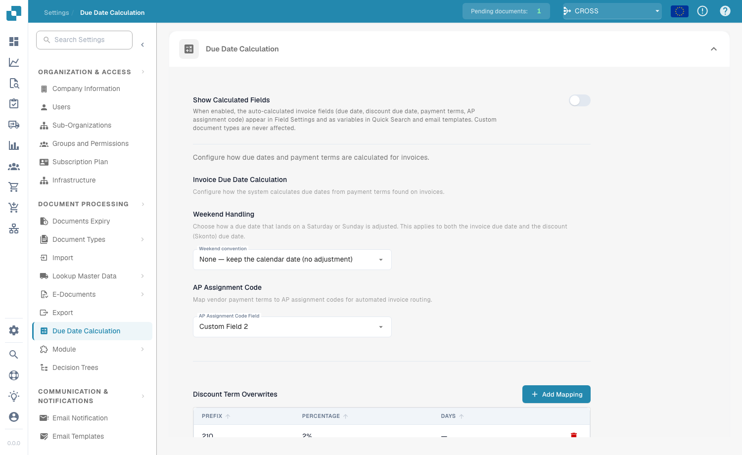 Due Date Calculation settings