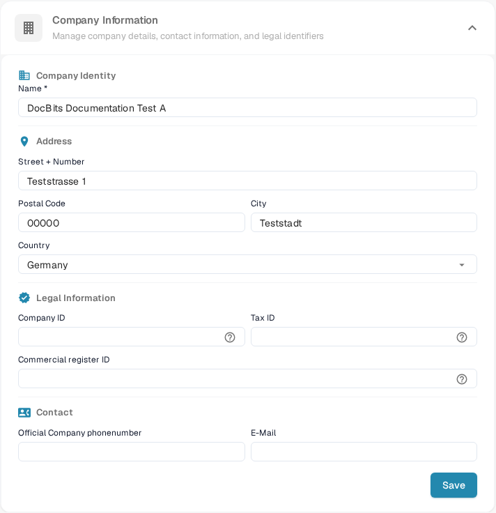 Company Information form in the English DocBits Sandbox test organization