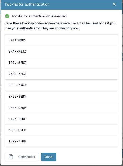The backup codes screen